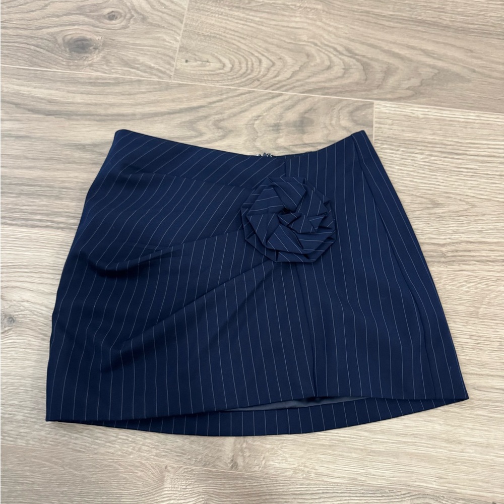 Navy Pinstripe Skirt with Floral Detail